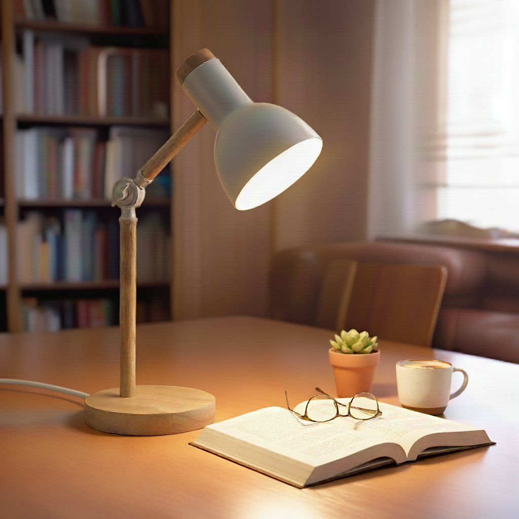 Luminária De Mesa Retratil Com Base De Madeira