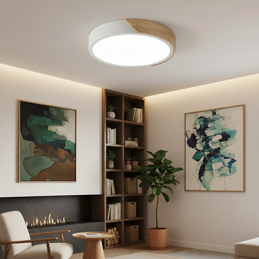 Luminária de Teto Plafon Redondo Com Madeira