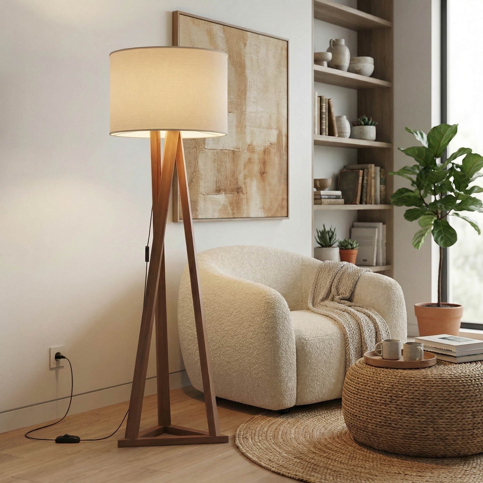 Luminária de Piso Tripé Madeira Abajur