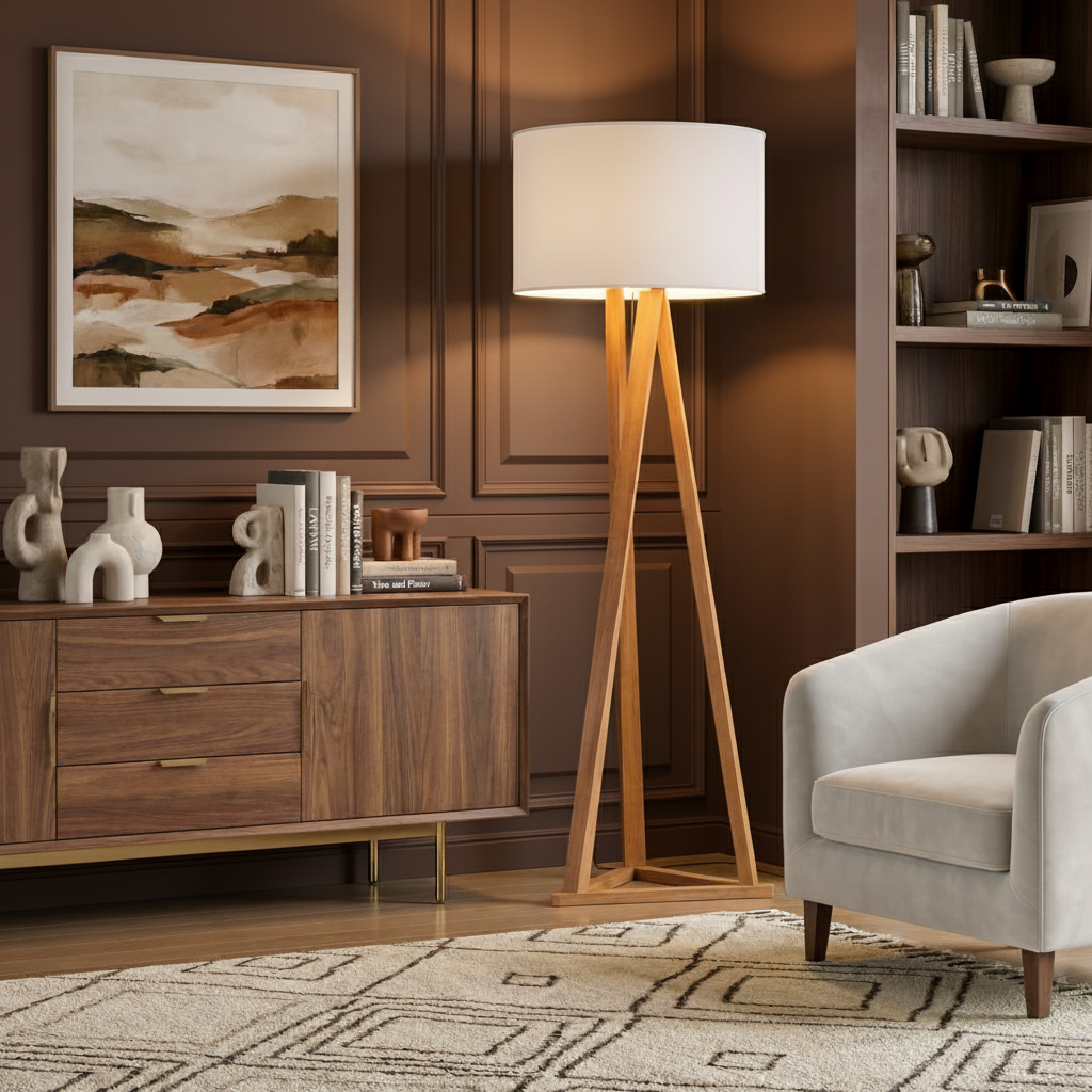 Luminária de Piso Tripé Madeira Abajur