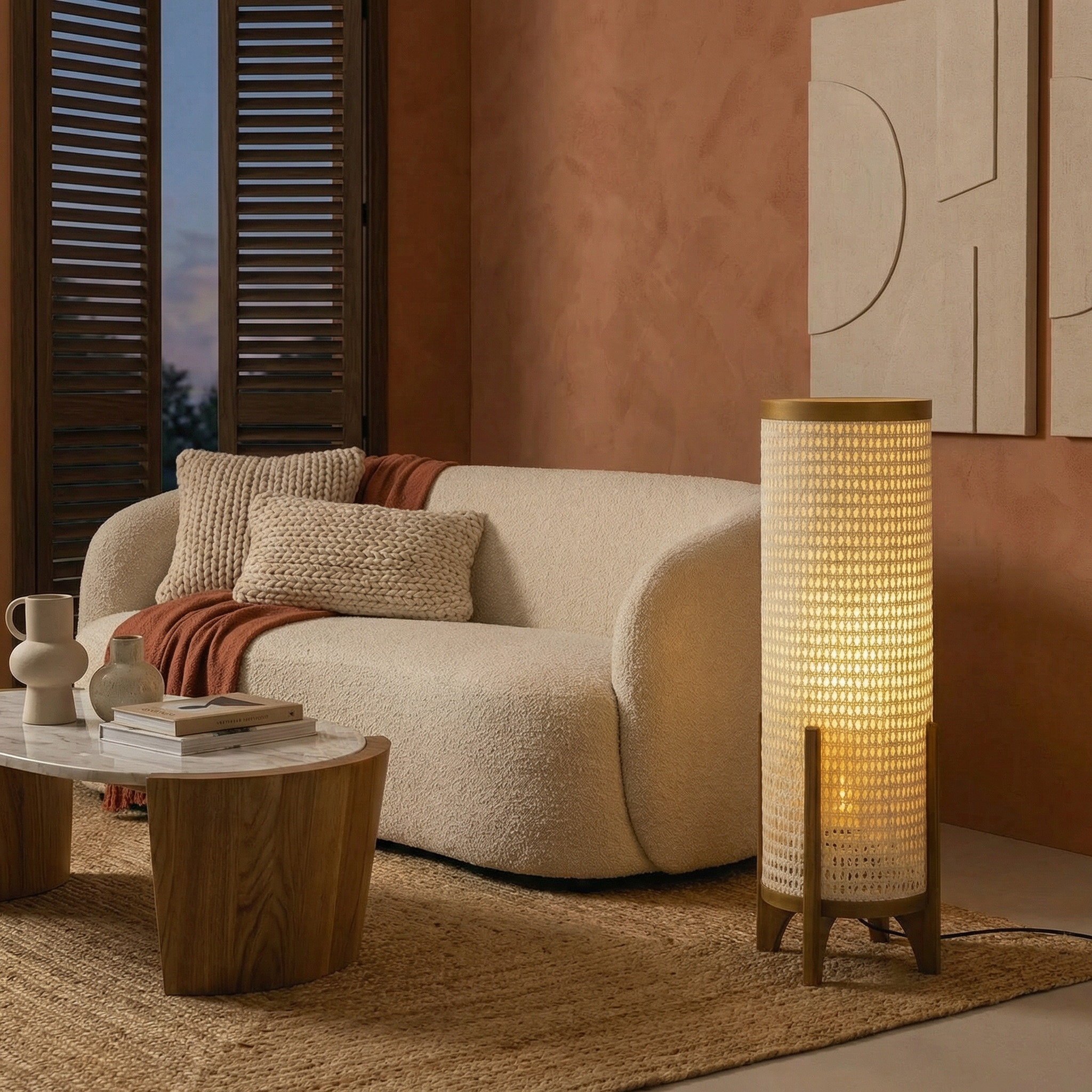 Luminária de Piso Tela Indiana Madeira Ripada Design Moderno