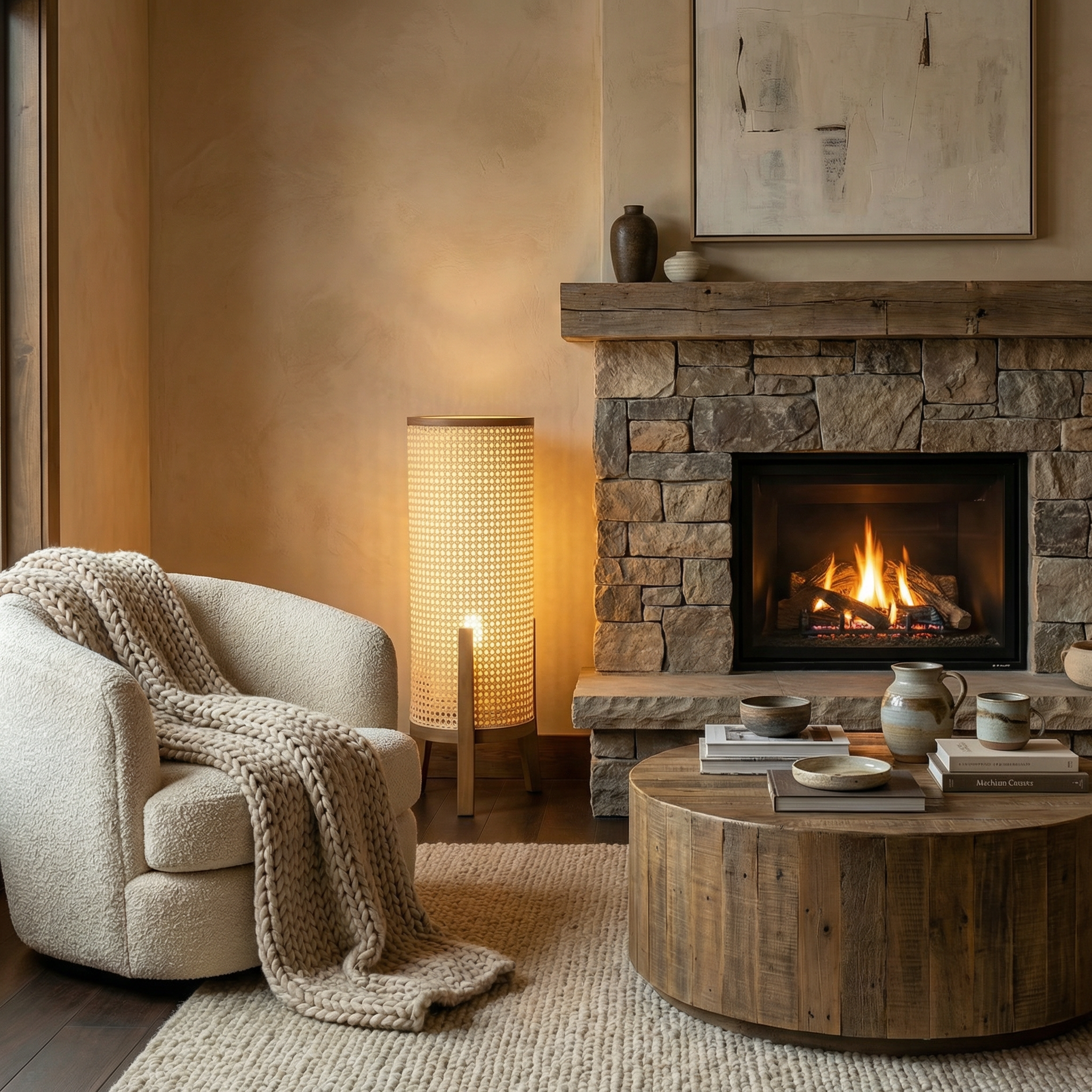 Luminária de Piso Tela Indiana Madeira Ripada Design Moderno