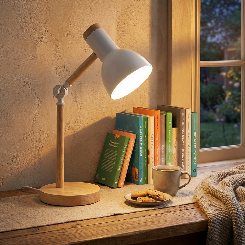 Luminária De Mesa Retratil Com Base De Madeira